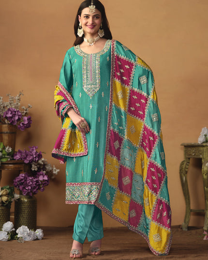 Turquoise Green Chinon Silk Embroiudered Trouser Kameez Suit