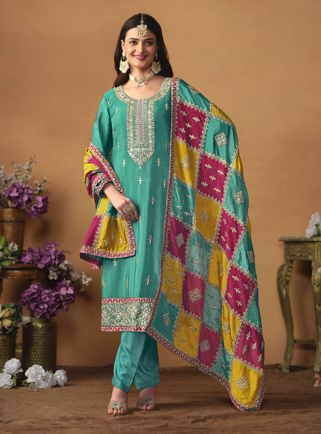 Turquoise Green Chinon Silk Embroiudered Trouser Kameez Suit