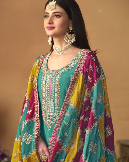 Turquoise Green Chinon Silk Embroiudered Trouser Kameez Suit