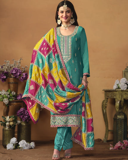 Turquoise Green Chinon Silk Embroiudered Trouser Kameez Suit