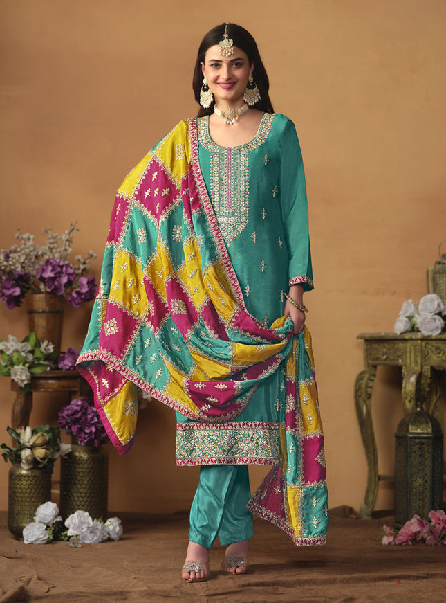 Turquoise Green Chinon Silk Embroiudered Trouser Kameez Suit