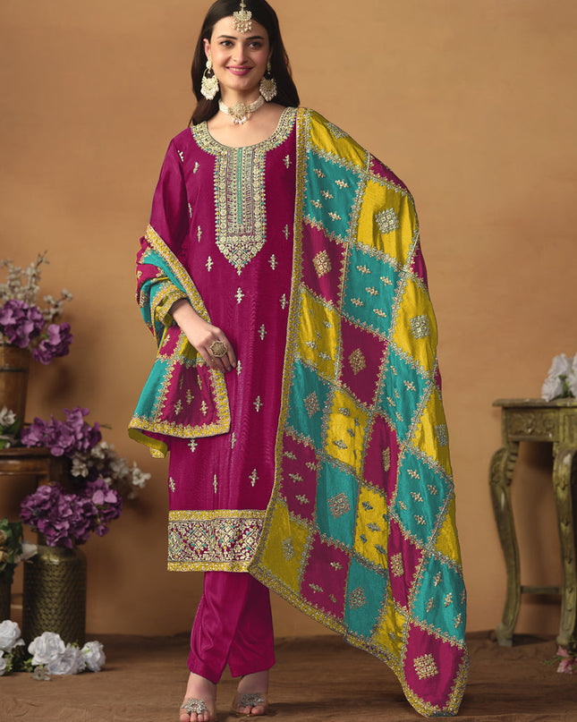Rani Pink Chinon Silk Embroiudered Trouser Kameez Suit