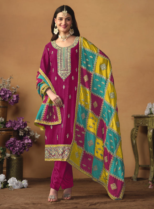 Rani Pink Chinon Silk Embroiudered Trouser Kameez Suit