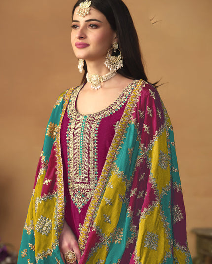 Rani Pink Chinon Silk Embroiudered Trouser Kameez Suit