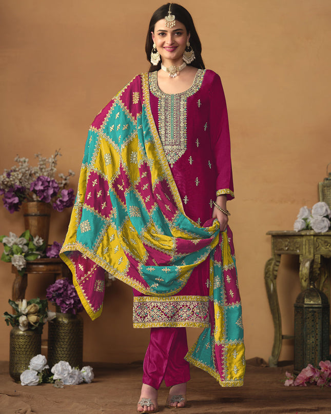 Rani Pink Chinon Silk Embroiudered Trouser Kameez Suit