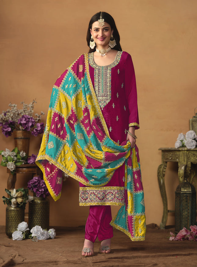 Rani Pink Chinon Silk Embroiudered Trouser Kameez Suit