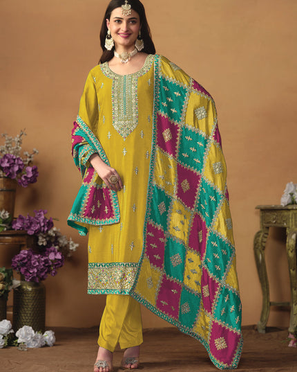 Mustard Yellow Chinon Silk Embroiudered Trouser Kameez Suit