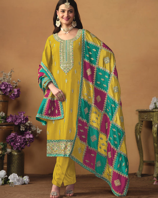 Mustard Yellow Chinon Silk Embroiudered Trouser Kameez Suit