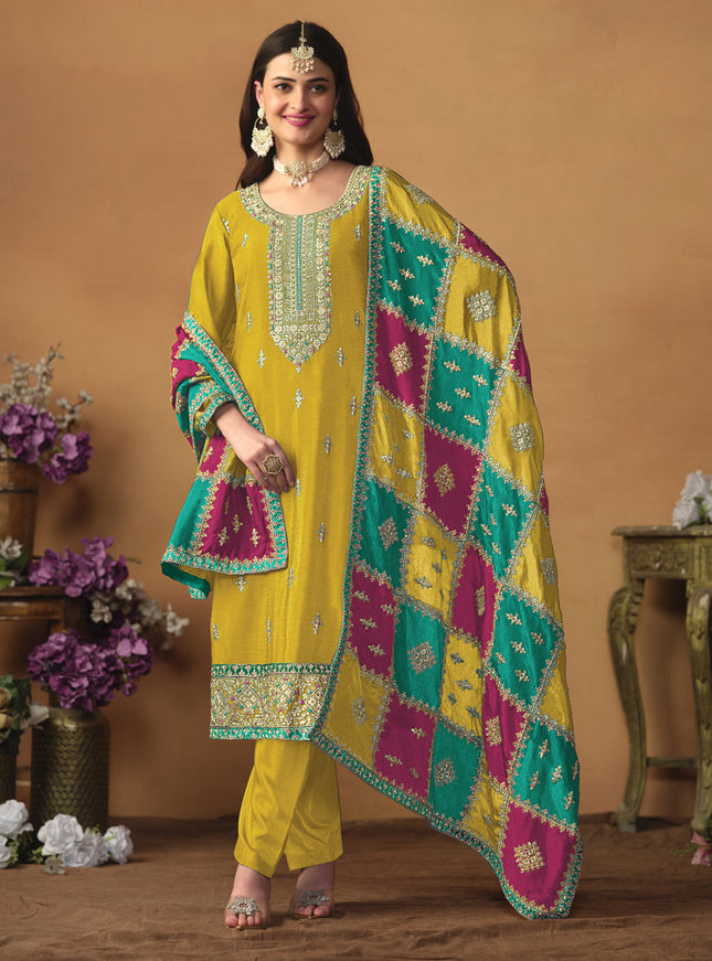 Mustard Yellow Chinon Silk Embroiudered Trouser Kameez Suit