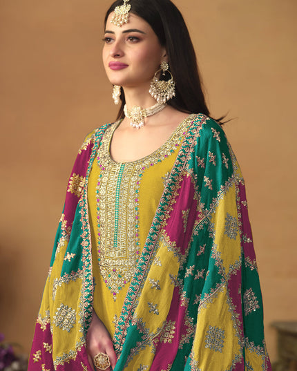 Mustard Yellow Chinon Silk Embroiudered Trouser Kameez Suit
