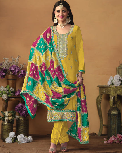 Mustard Yellow Chinon Silk Embroiudered Trouser Kameez Suit