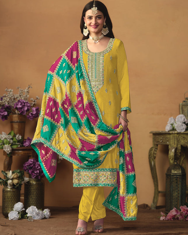 Mustard Yellow Chinon Silk Embroiudered Trouser Kameez Suit
