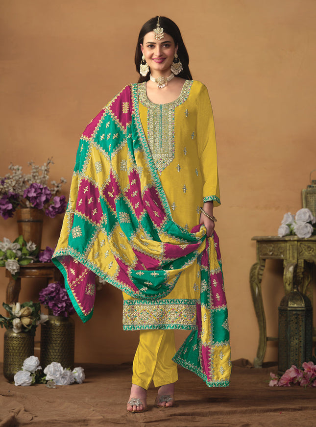 Mustard Yellow Chinon Silk Embroiudered Trouser Kameez Suit