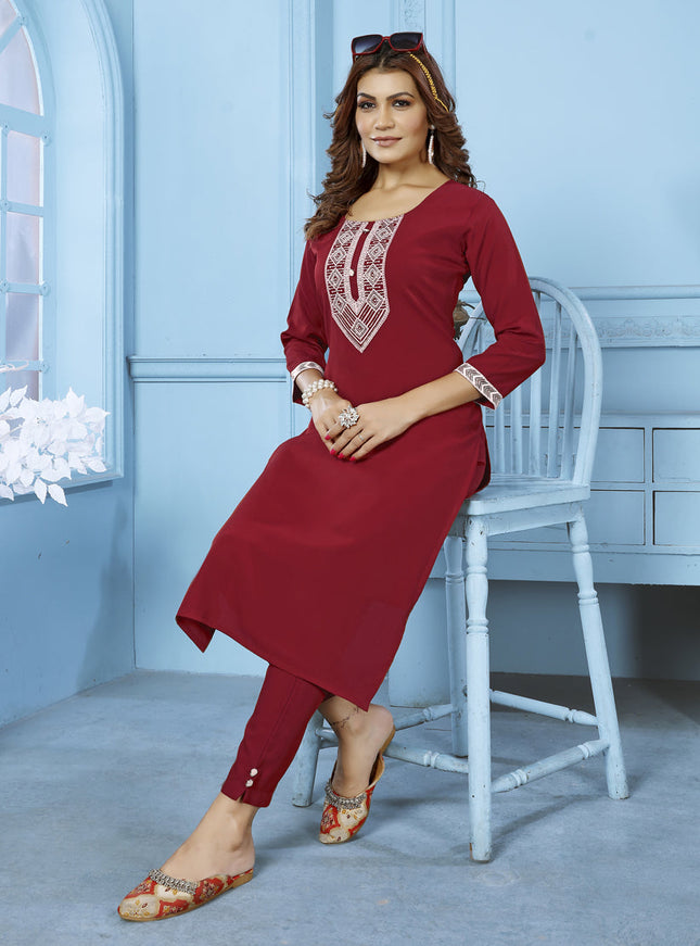 Maroon Cotton Kurti With Pent