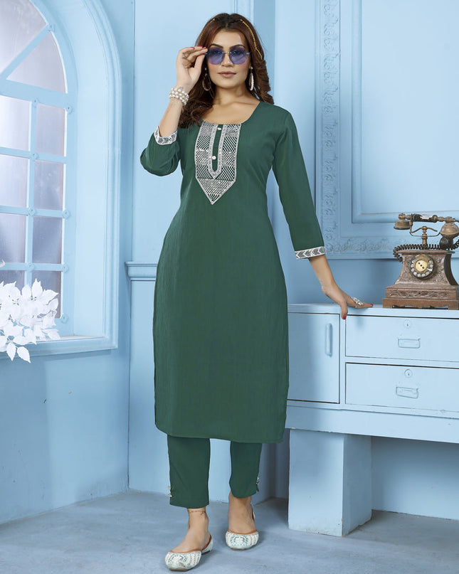 Green Cotton Kurti With Pent