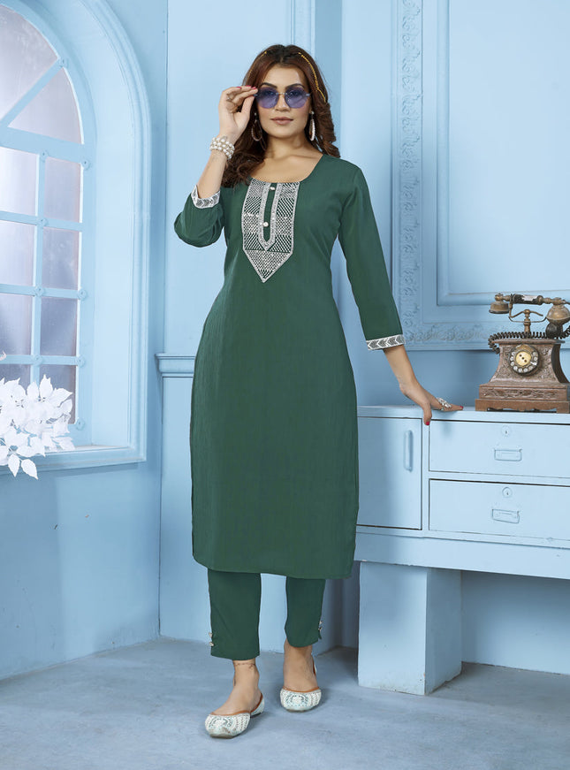 Green Cotton Kurti With Pent