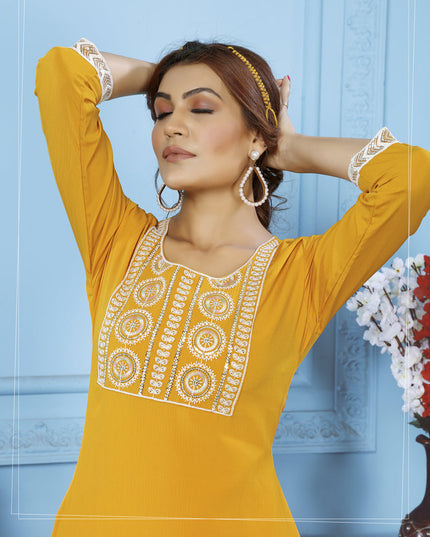 Yellow Cotton Kurti With Pent
