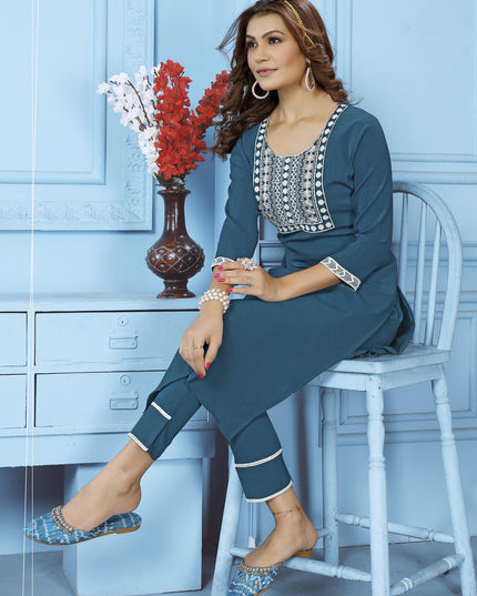 Teal Blue Cotton Kurti With Pent