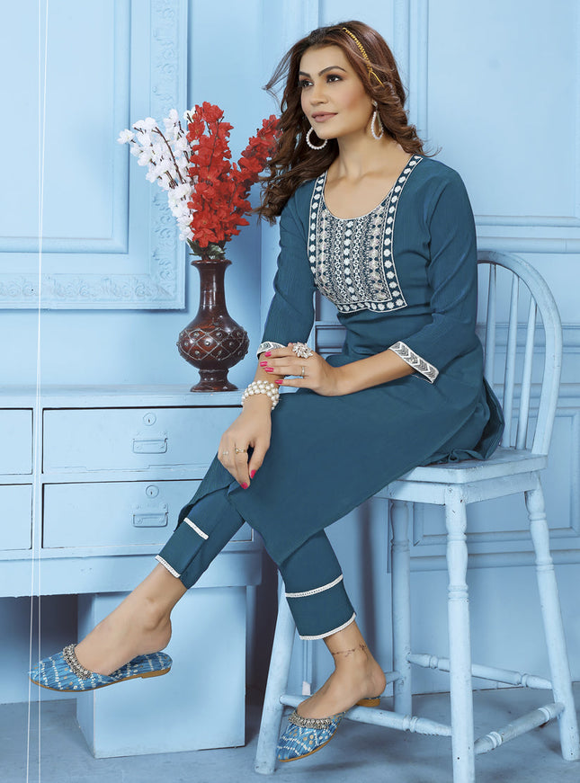 Teal Blue Cotton Kurti With Pent