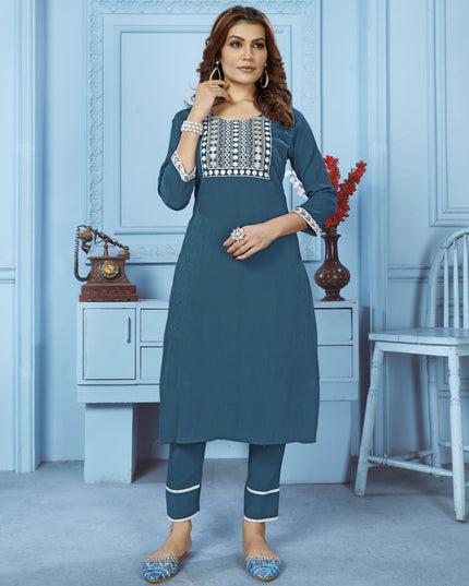 Teal Blue Cotton Kurti With Pent