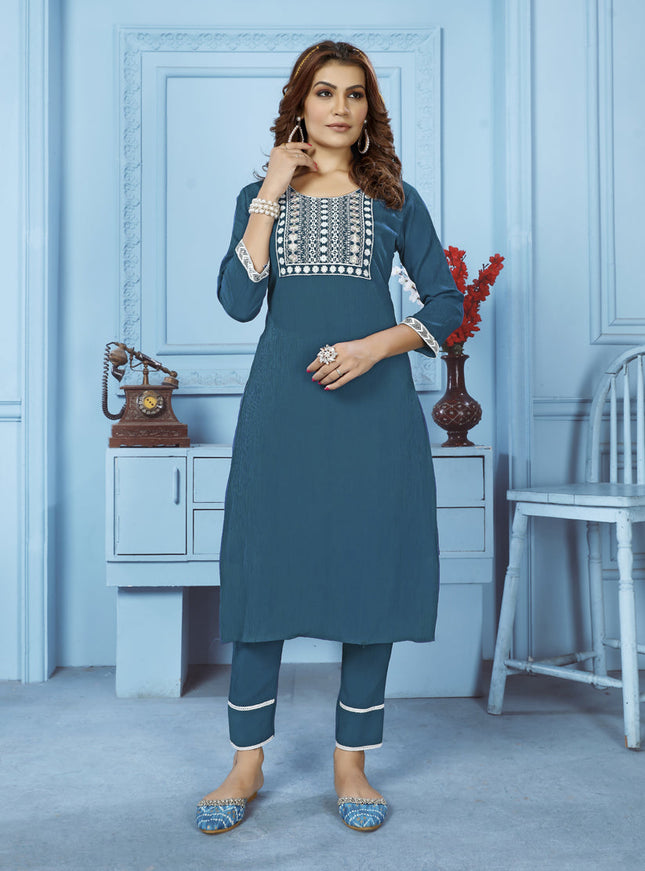 Teal Blue Cotton Kurti With Pent