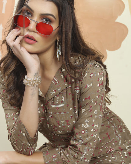 Brown Rayon Printed Co-Ord Set