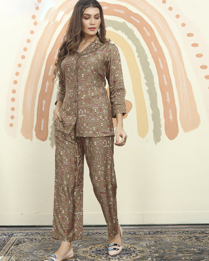 Brown Rayon Printed Co-Ord Set