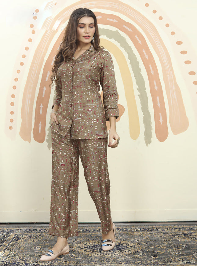 Brown Rayon Printed Co-Ord Set