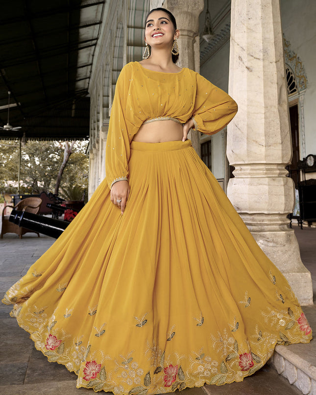 Mustard Georgette Embroidered IndoWestern Lehenga Set