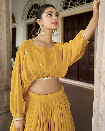 Mustard Georgette Embroidered IndoWestern Lehenga Set