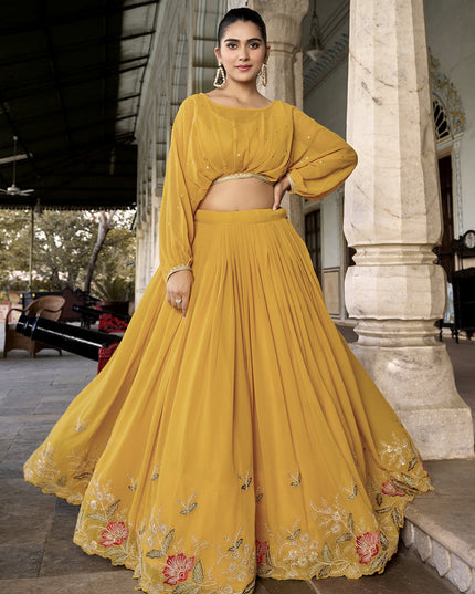 Mustard Georgette Embroidered IndoWestern Lehenga Set