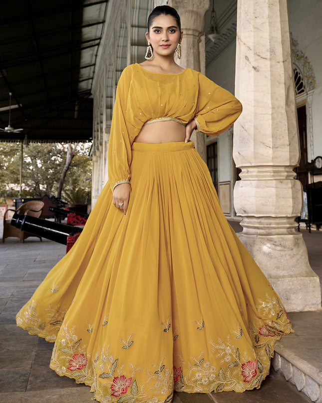 Mustard Georgette Embroidered IndoWestern Lehenga Set