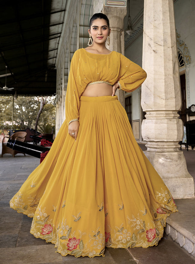 Mustard Georgette Embroidered IndoWestern Lehenga Set
