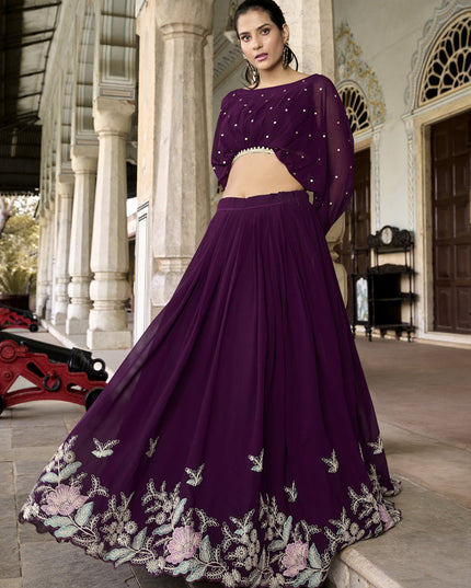 Wine Georgette Embroidered IndoWestern Lehenga Set