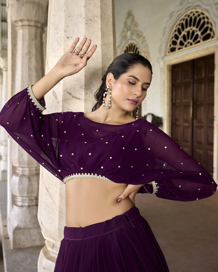 Wine Georgette Embroidered IndoWestern Lehenga Set