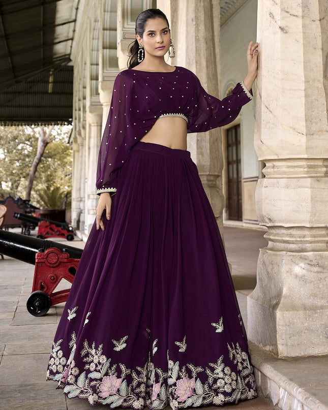 Wine Georgette Embroidered IndoWestern Lehenga Set