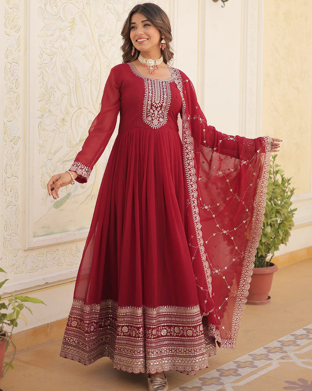 Maroon Faux Georgette Embroidered Gown with Dupatta
