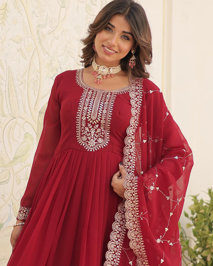 Maroon Faux Georgette Embroidered Gown with Dupatta