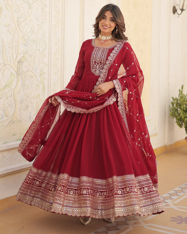 Maroon Faux Georgette Embroidered Gown with Dupatta