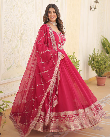 Rani Pink Faux Georgette Embroidered Gown with Dupatta