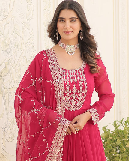 Rani Pink Faux Georgette Embroidered Gown with Dupatta
