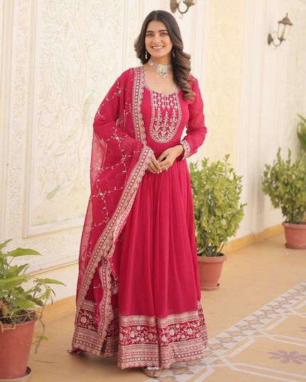 Rani Pink Faux Georgette Embroidered Gown with Dupatta