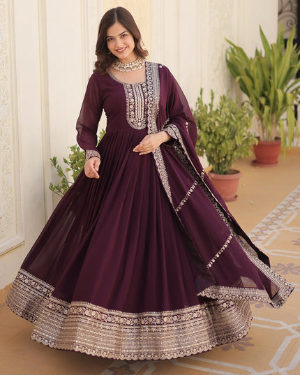Burgundy Faux Georgette Embroidered Gown with Dupatta