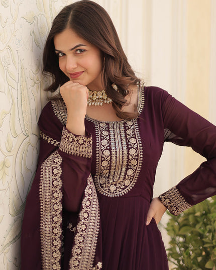 Burgundy Faux Georgette Embroidered Gown with Dupatta