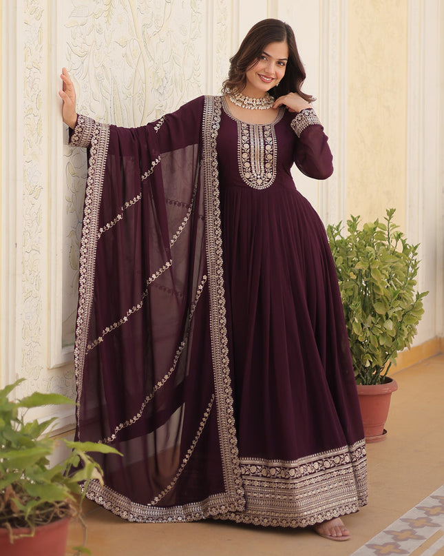 Burgundy Faux Georgette Embroidered Gown with Dupatta