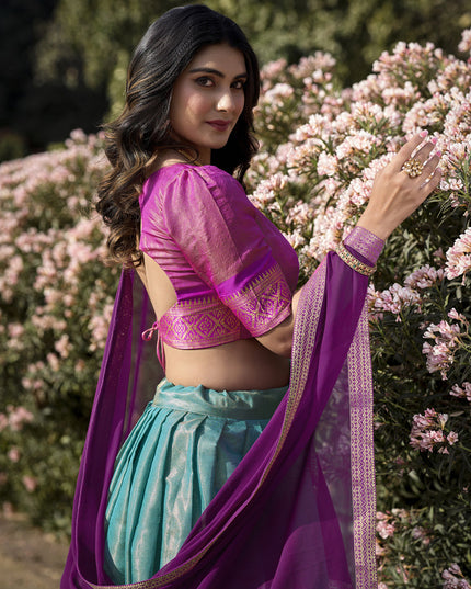 Sky Blue Zari Woven Kanchipuram Silk Lehenga Choli