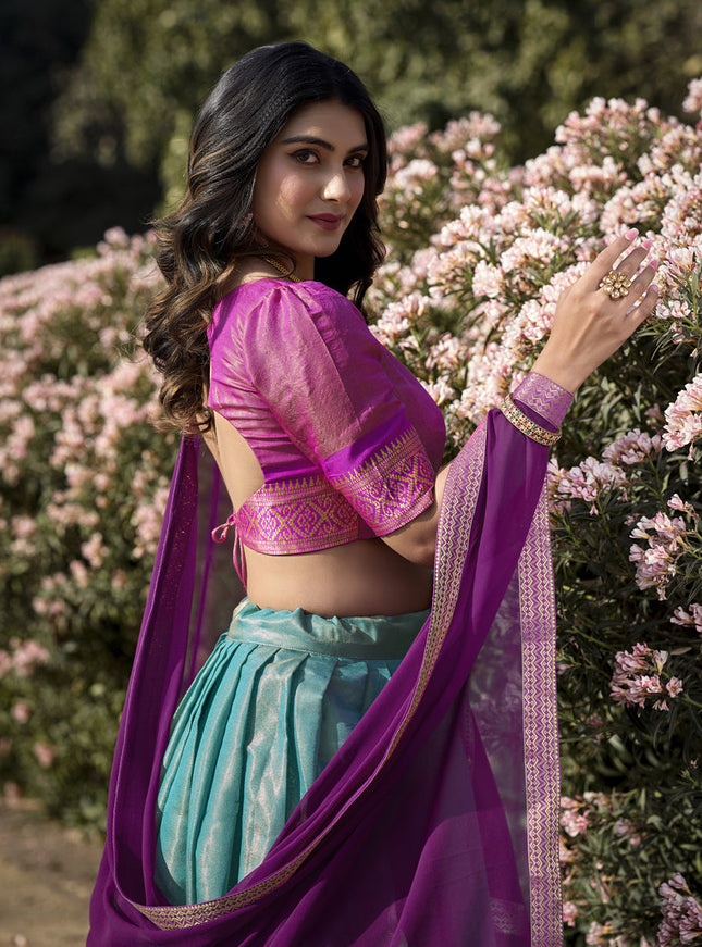 Sky Blue Zari Woven Kanchipuram Silk Lehenga Choli