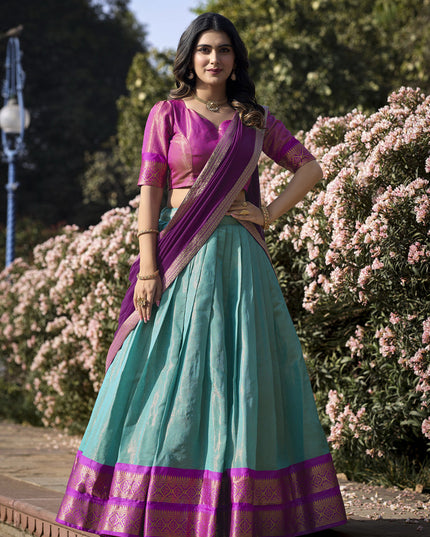 Sky Blue Zari Woven Kanchipuram Silk Lehenga Choli