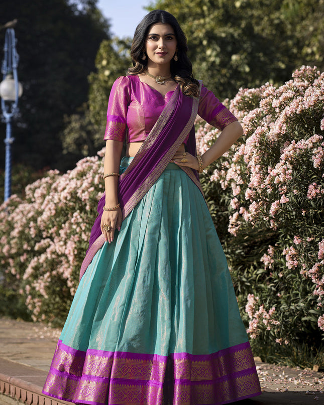Sky Blue Zari Woven Kanchipuram Silk Lehenga Choli
