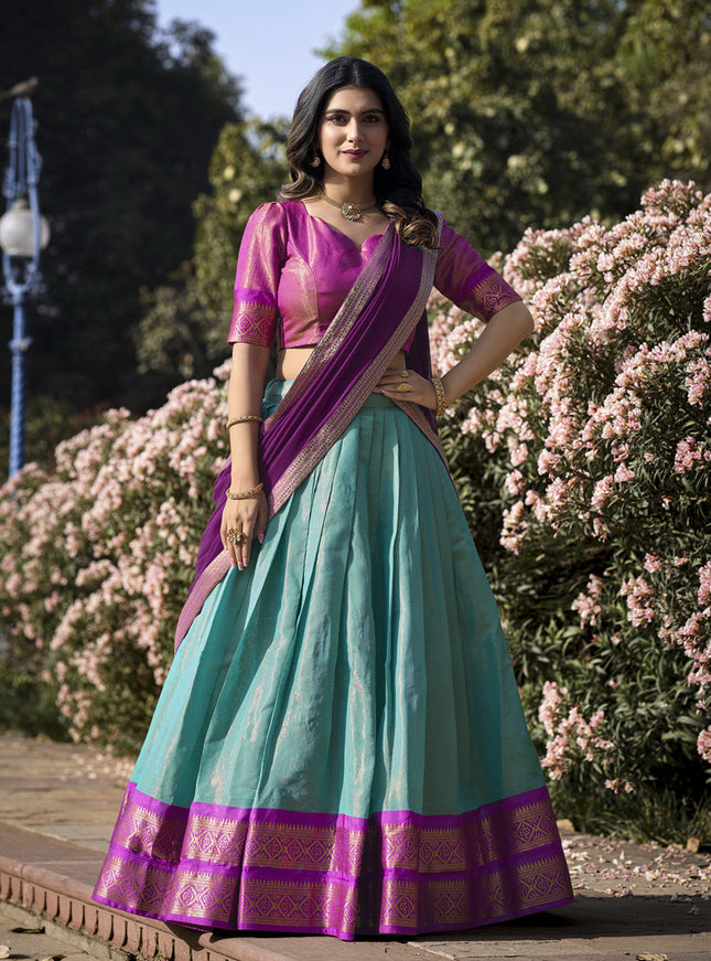 Sky Blue Zari Woven Kanchipuram Silk Lehenga Choli